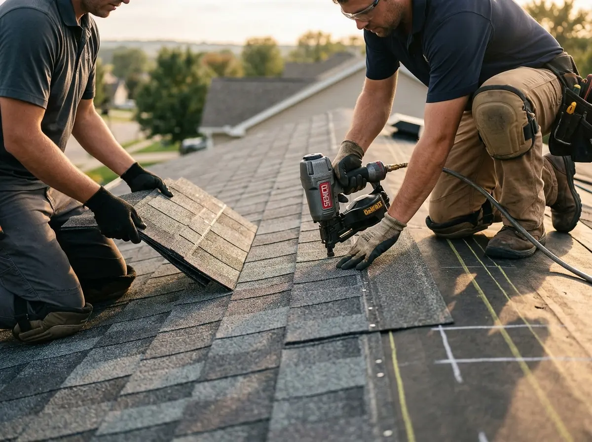Professional roofer working on a residential roof in Maize